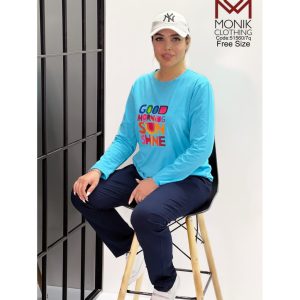 ست عمده بلوز شلوار طرح (Good morning) آبی